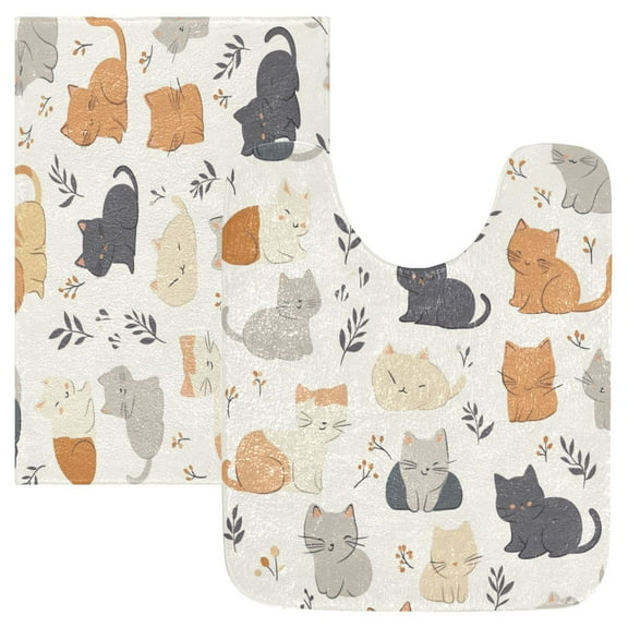 2 Piece Soft Bathroom Rug Set Cat Bath Mat and U-Shaped Toilet Contour Rug (16"x24" 20"x24")
