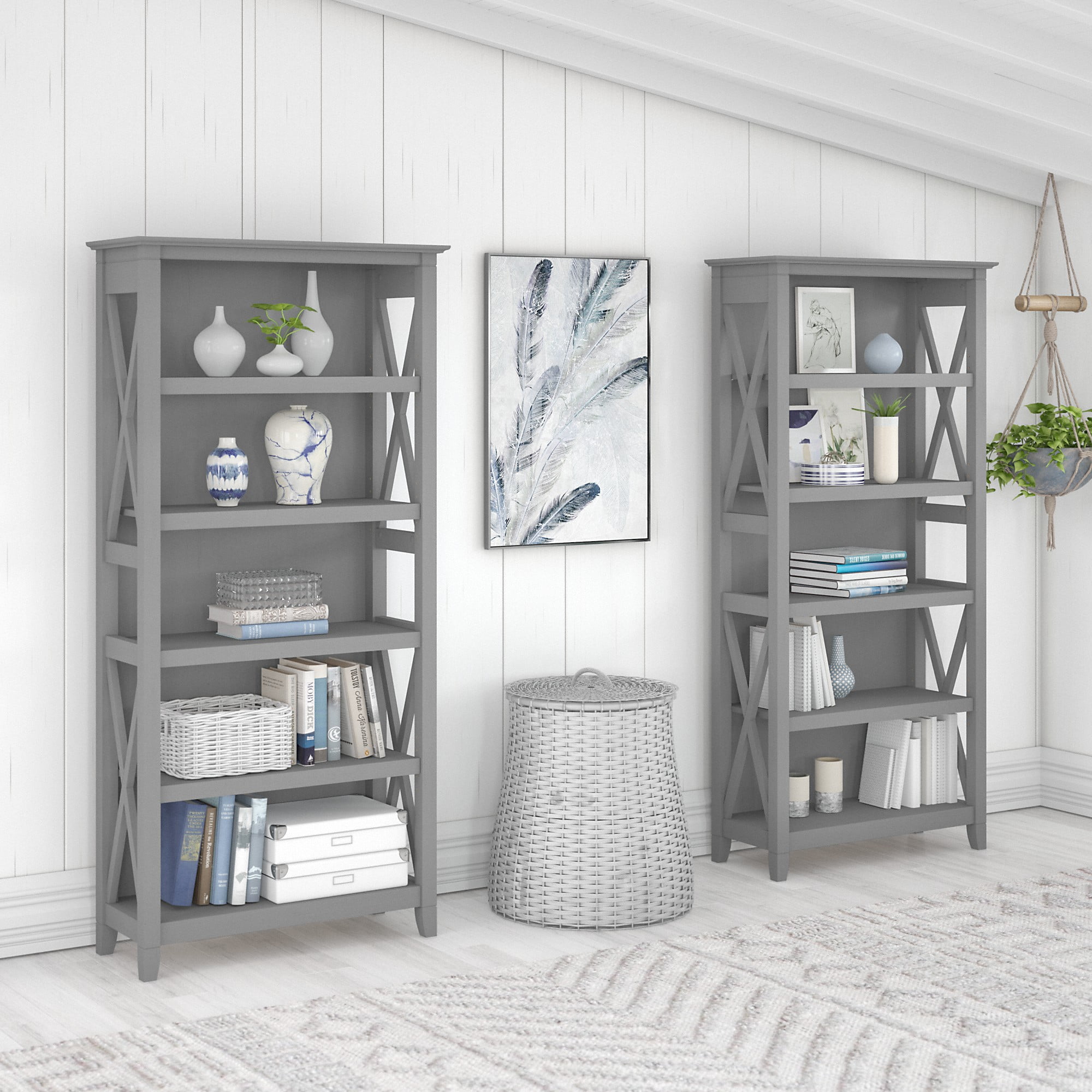 Bush Furniture Key West Tall 5 Shelf Bookcase, Set of 2, Cape Cod Gray