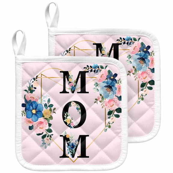 Love Mom Pot Holders for Kitchen Heatproof Potholder, 2 Pack Blue Pink Spring Floral Botanical Hot Pads Multipurpose Oven Pads Cloth Potholders Trivet for Cooking and Baking