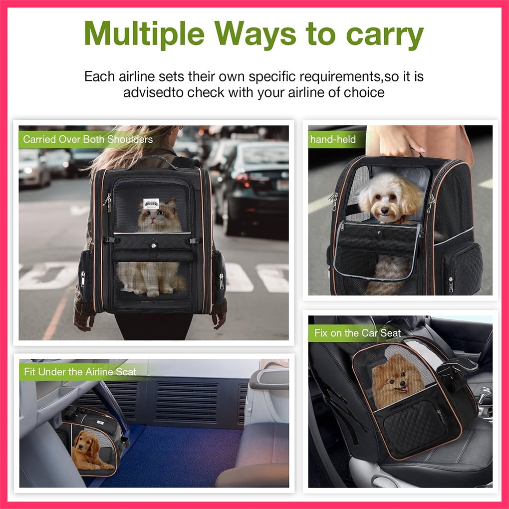 Lekesky - Expandable Cat Dog Backpack Carrier for Travel - Max Airflow, 4 Entrances, Folds Flat, Holds Pets Up to 18 Lbs, Safety Leash Included, Black