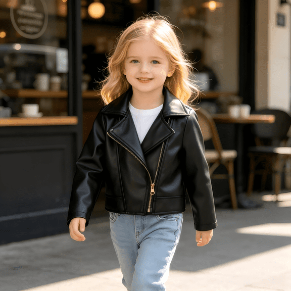 GYRATEDREAM Toddler Girls Faux Leather Motorcycle Jacket Lapel Zip Up Biker Coat Kids Fall Outerwear, 2-8Y