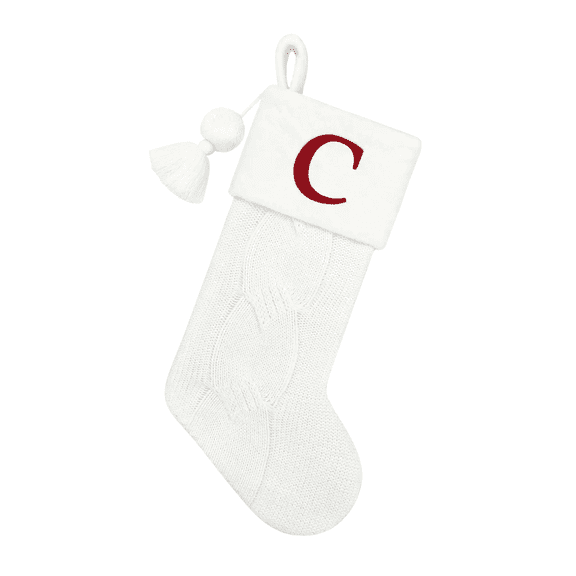 St. Nicholas Square Faux-Fur Knit Monogram Christmas Holiday Stocking - Letter C White Sock