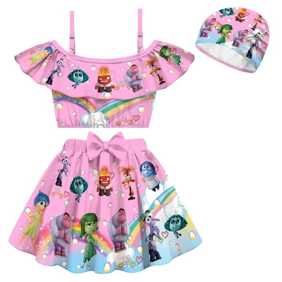 Inside Out2 Girls' Swimsuit Set, Girls' Summer Split Strap Swimsuit, Girls' One Shoulder Swimsuit, Swimming Skirt, Swimming Hat Set, Suitable for Children Aged 3-10