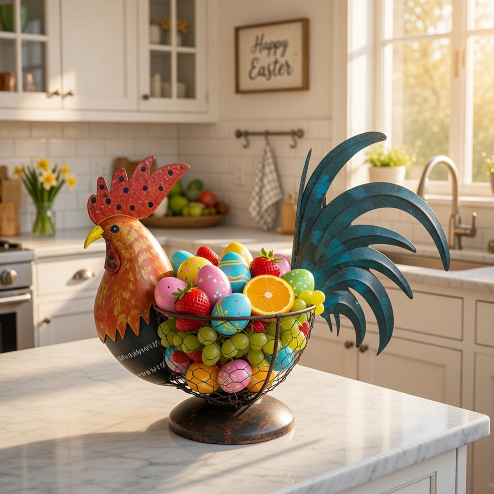 Easter Rooster Wrought Iron Ornament Outdoor Farm Animal Garden Decor Creative Balcony Planter Colorful Yard Art Sculpture