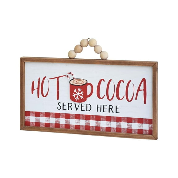 Parisloft Hot Cocoa Served Here Wood Wall Hanging Sign with Wood Bead Hanger, Red