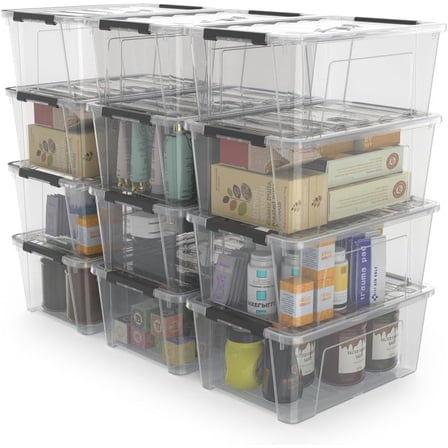 12 Pack Small 5-Quart Clear Plastic Storage Bins with Lids and Latch Buckles, Storage Organizer Container with Handle