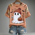 thumbnail image 4 of EANJE Halloween Shirts for Women Cute Ghost Shirt Fall Pumpkin T-Shirt Ghost Pumpkin Graphic Tees Casual Plaid Splice Short Sleeve Tops Pink S, 4 of 5