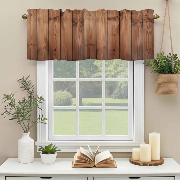 Kitchen Valances for Window, Farmhouse Vintage Brown Wood Board Light Filtering Rod Pocket Valance Curtain, Farm Wooden Texture Short Curtains Window Topper for Bedroom Bathroom Living Room 54x18in