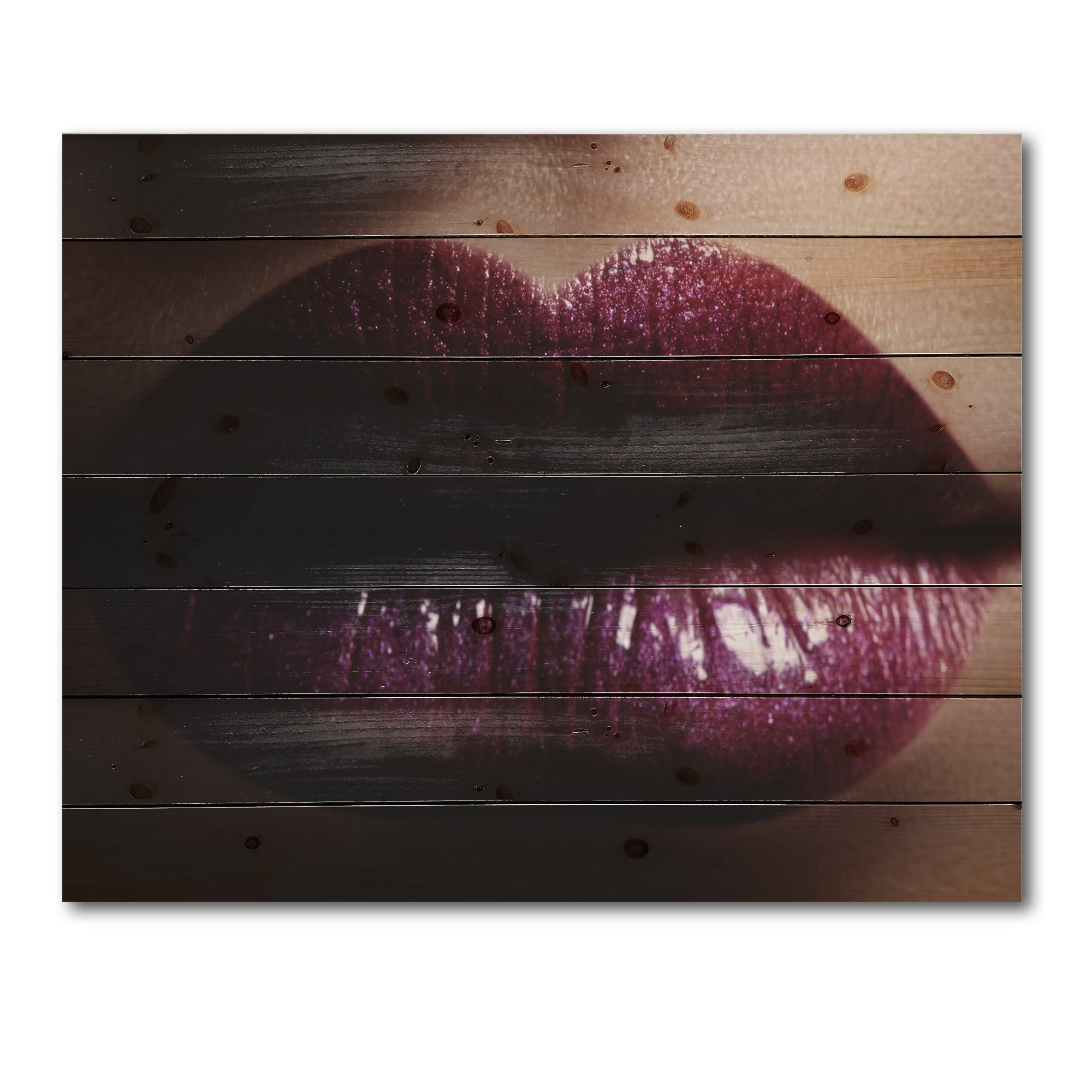 Designart 'Close-Up Of Woman Plump Lips With Glitter' Modern Print on Natural Pine Wood