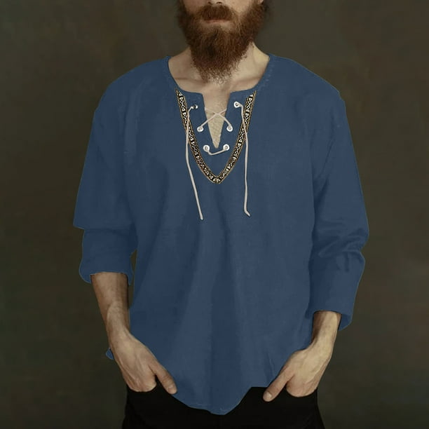 Blusas y camisas de manga larga con cuello en V para hombre, blusas casuales de moda con cordón y cuello en V de manga larga, blusas para hombre