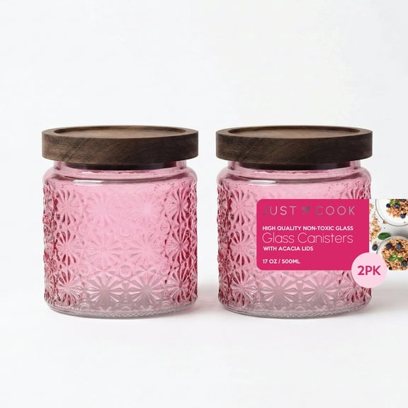 Just Cook Pink Textured Glass Canister Storage Containers with Acacia Lids, 500 ml, 2 Pack