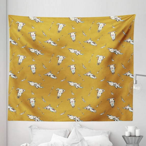 Rodeo Tapestry, Bohemian Print of Cow Skulls with Retro Element and Feathers Wild West, Fabric Wall Hanging Decor for Bedroom Living Room Dorm, 5 Sizes, Pale Coffee and White, by Ambesonne