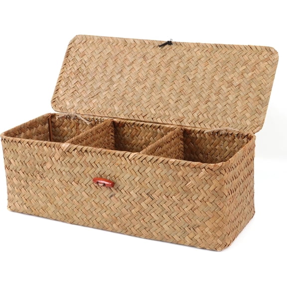 Wicker Shelf Baskets with Lid,Rectangular Seagrass Woven Storage Baskets with Dividers for Bathroom Organizer Small Bins Decor ()