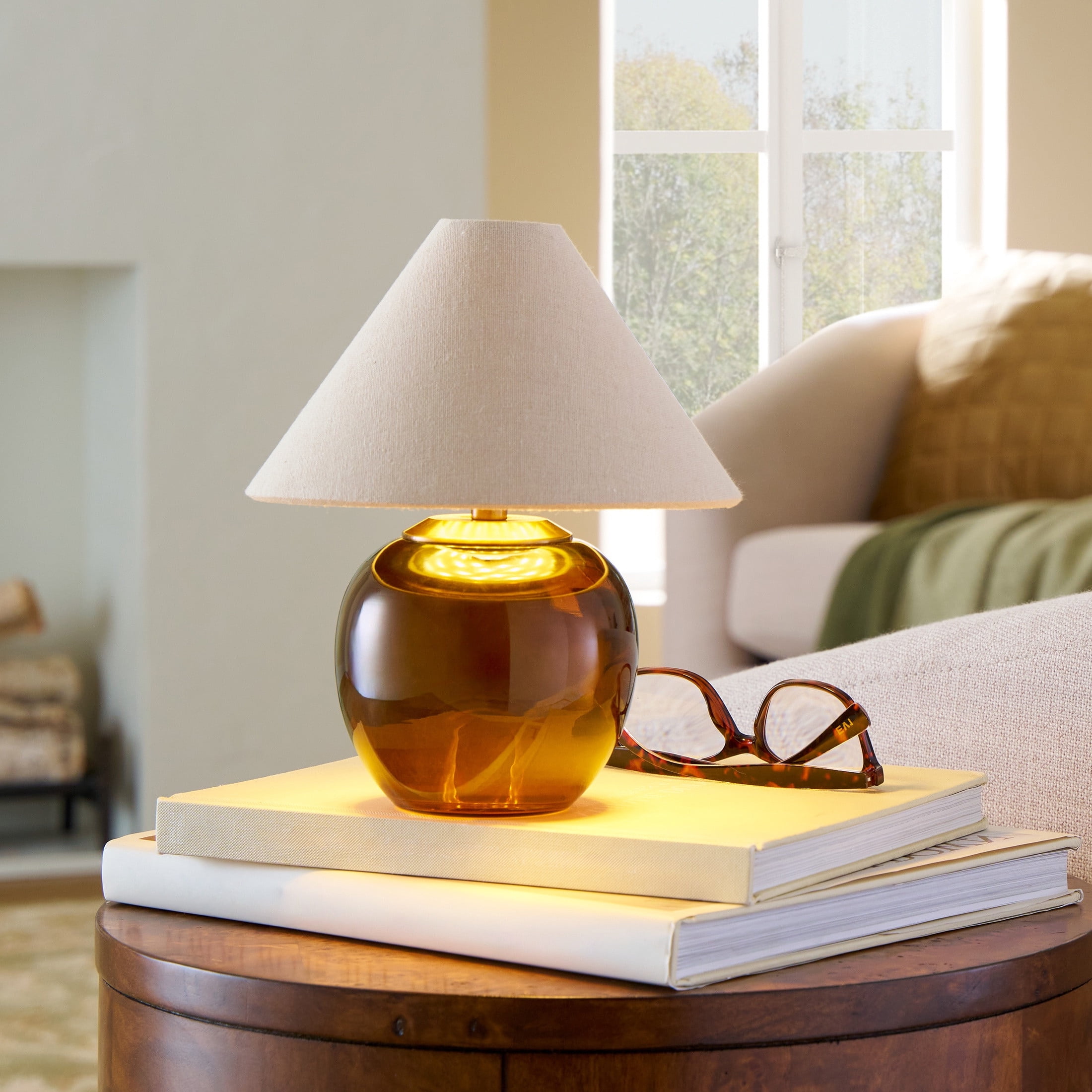 Better Homes & Gardens 8.5 in Amber Glass Rechargeable LED Portable Table Lamp with Dimmable Touch Sensor