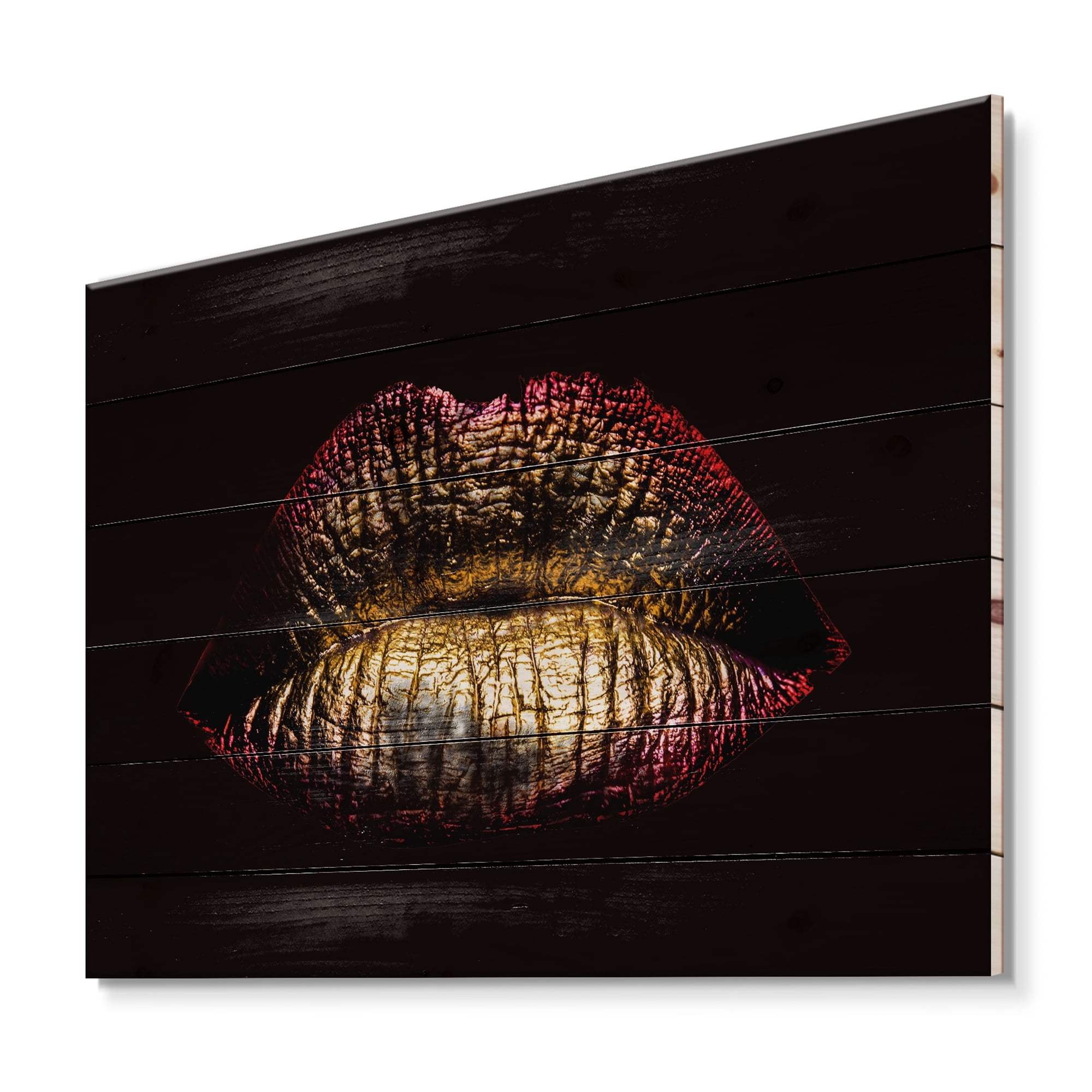 Designart 'Sexy Golden Metallized Woman Lips IV' Modern Print on Natural Pine Wood