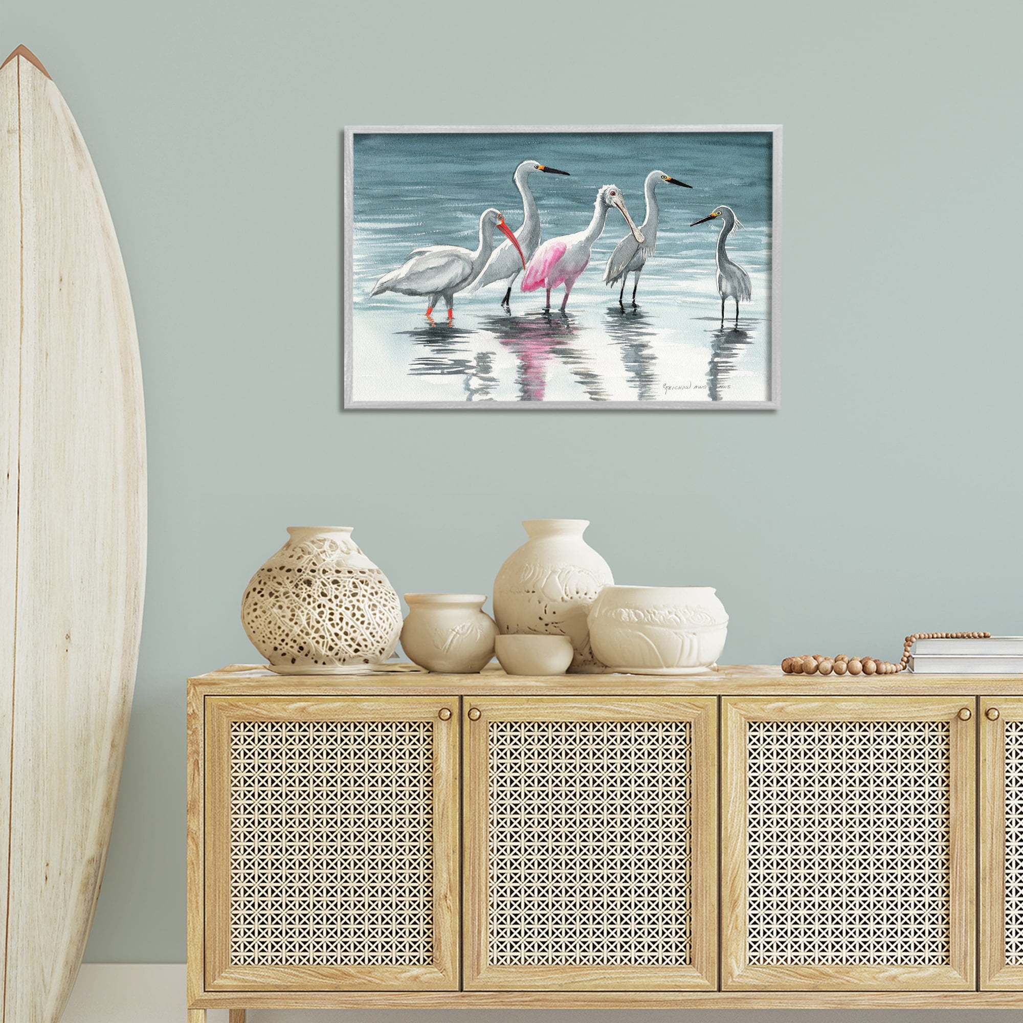 Stupell Industries Herons Stepping in Shore Animals & Insects Painting Gray Framed Art Print Wall Art, 30 x 20