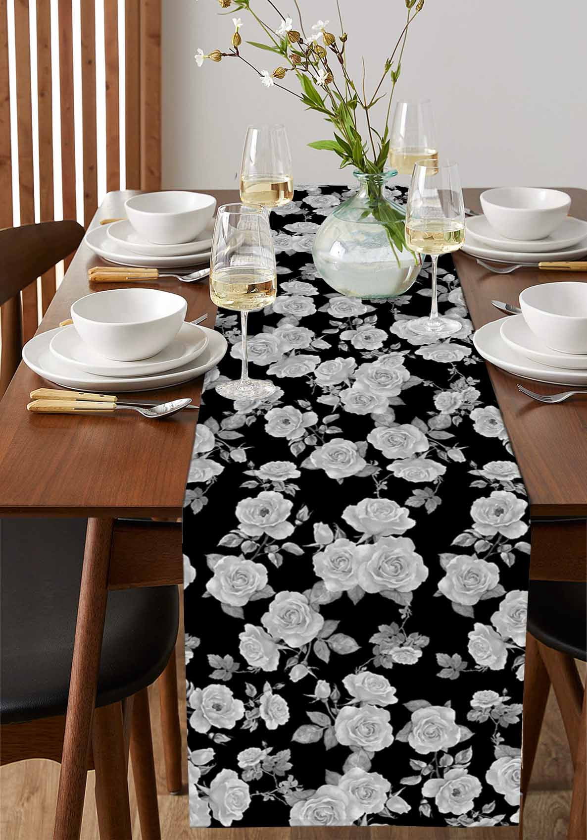 Black Floral Table Runner Cotton Linen 120 Inch Holiday Dresser Scarves, Farmhouse Garden Flowers Botanical Tablerunner for Kitchen Coffee Dining Bedroom Living Room Dinner Scarf Décor 13''x120''
