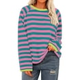 thumbnail image 2 of Long Sleeve Shirts for Women Casual Loose Crew Neck Color Block Striped Pullover 2025 Trendy Fall Soft Comfy Tops,Green,M, 2 of 5