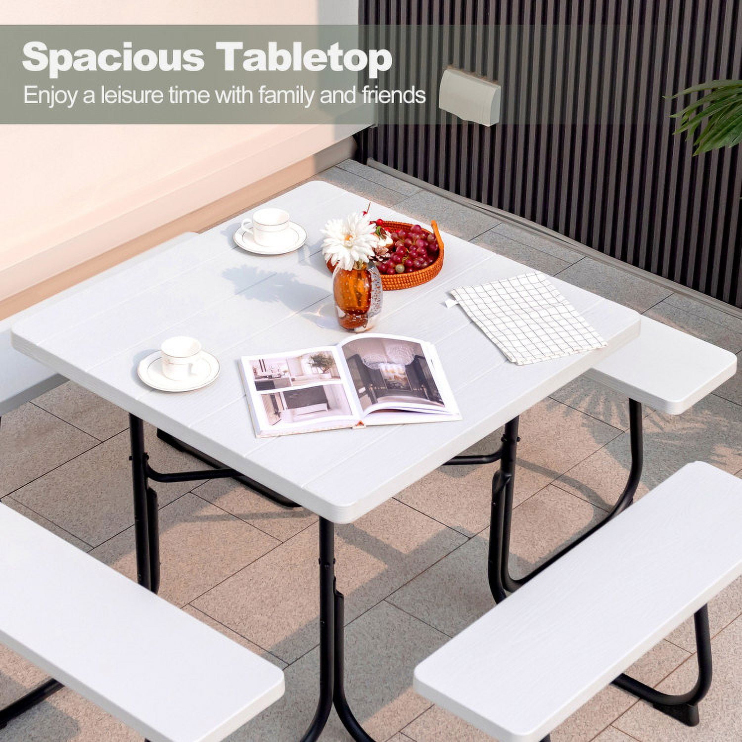 Aimee Lii Outdoor Picnic Table with 4 Benches and Umbrella Hole, Outdoor Patio Furniture, White
