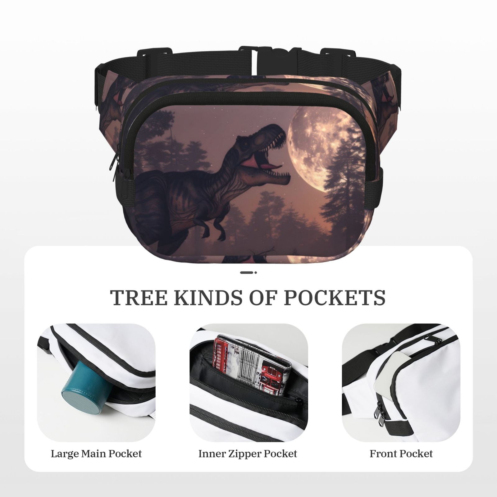 Picia Dinosaur Moonlit Forest Print Square Double-Layer Waist Bag Mini Adjustable Waist Belt Bag Exercise Running Travel Hiking
