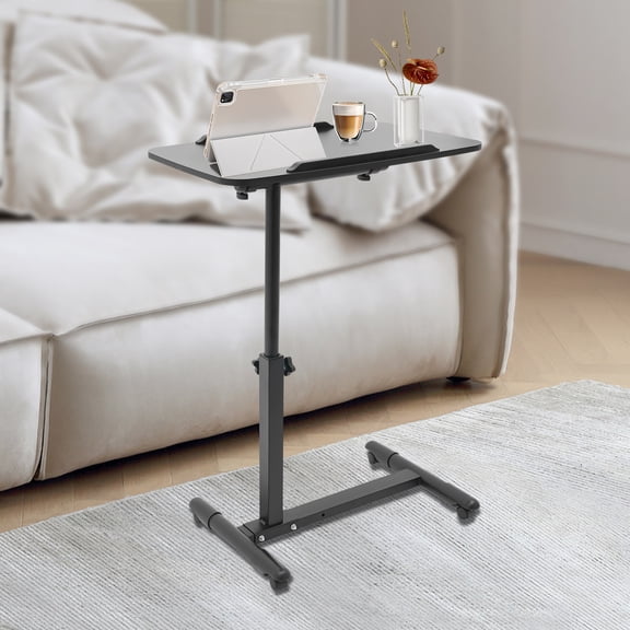 Adjustable Height Bedside Table 25.6-35.4" Overbed Bed Table with H-Shaped Base and Hidden Wheels