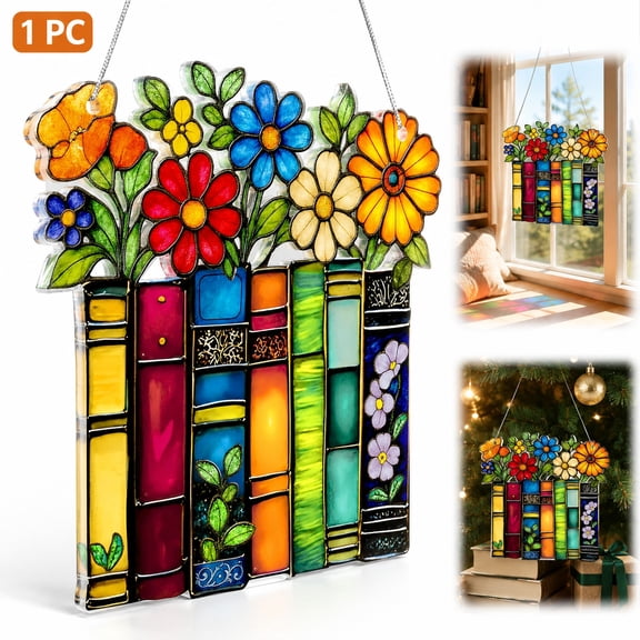 Stained Glass Style Book Ornament - Suncatcher Window Hanging for Teachers, Librarians & Book Lovers | Acrylic Bookish Gift for Christmas Tree, Back to School, Birthday | Floral Shelf Design (5.5")