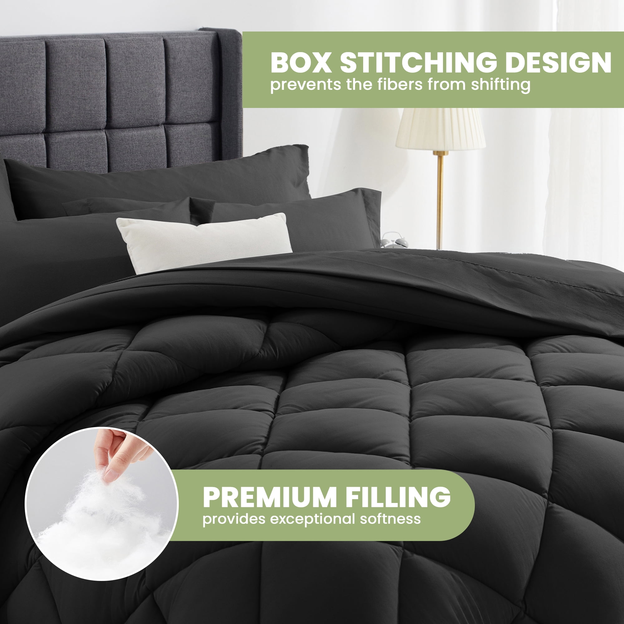 WISHEAD Full Bed in a Bag Comforter Set with 7 Pieces - Black All Season Bedding Sets with Comforter, Pillow Shams, Flat Sheet, Fitted Sheet and Pillowcases