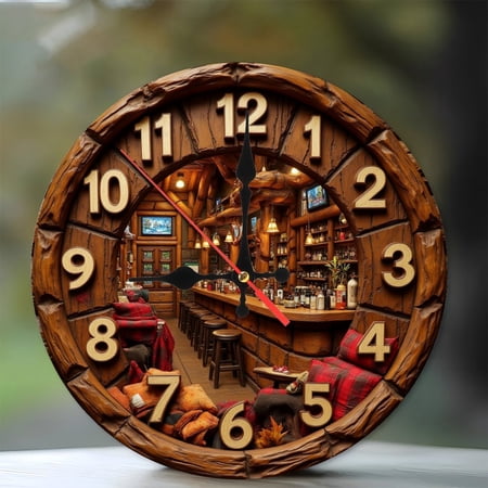 Wooden Bar Pub Clock Wall Decor Rustic Cabin Style 10-Inch Silent Wooden Wall Clock, Battery Operated (AA Batteries Not Included), Artistic Home Decor