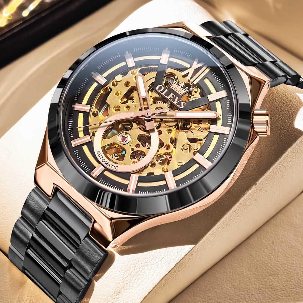 OLEVS Skeleton Watches for Men Luxury Dress Automatic Self Winding Mechanical Gold Plated Stainless Steel Waterproof Luminous Business Men Wrist Watch Reloj Para Hombre