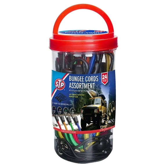 STP 24-Piece Heavy-Duty Bungee Cord Assortment with Durable Hooks, UV-Resistant Tie-Down Straps for Cargo, Canopy, Garage, and Outdoor Use