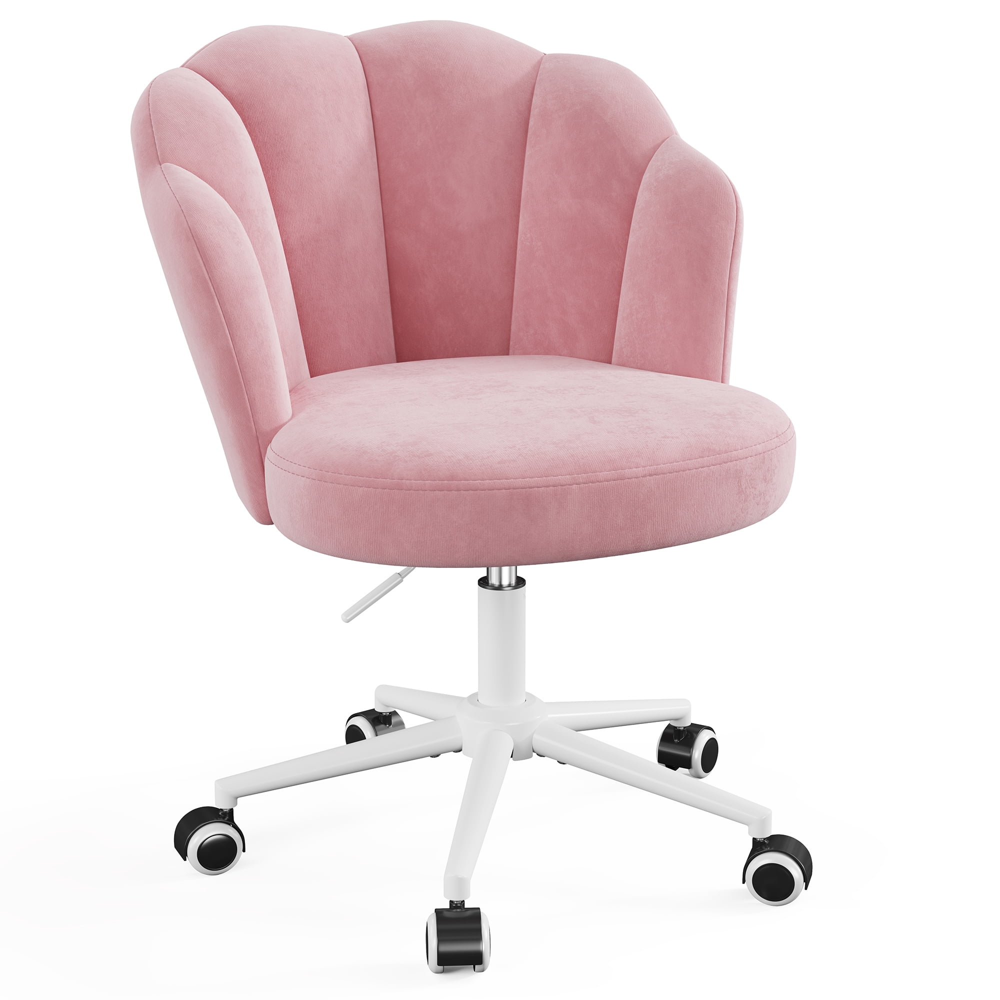 Romorgniz Velvet Vanity Chair with Petal Backrest Height Adjustable Desk Chair with Wheels Seashell Makeup Chair for Bedroom, Pink