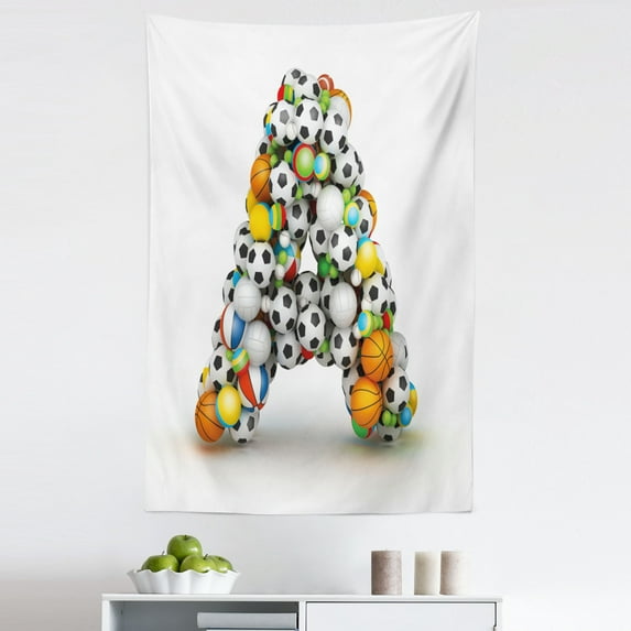 Letter a Tapestry, Sports Balls Stacked to Build the First Letter of the Alphabet Capital, Fabric Wall Hanging Decor for Bedroom Living Room Dorm, 5 Sizes, Multicolor, by Ambesonne