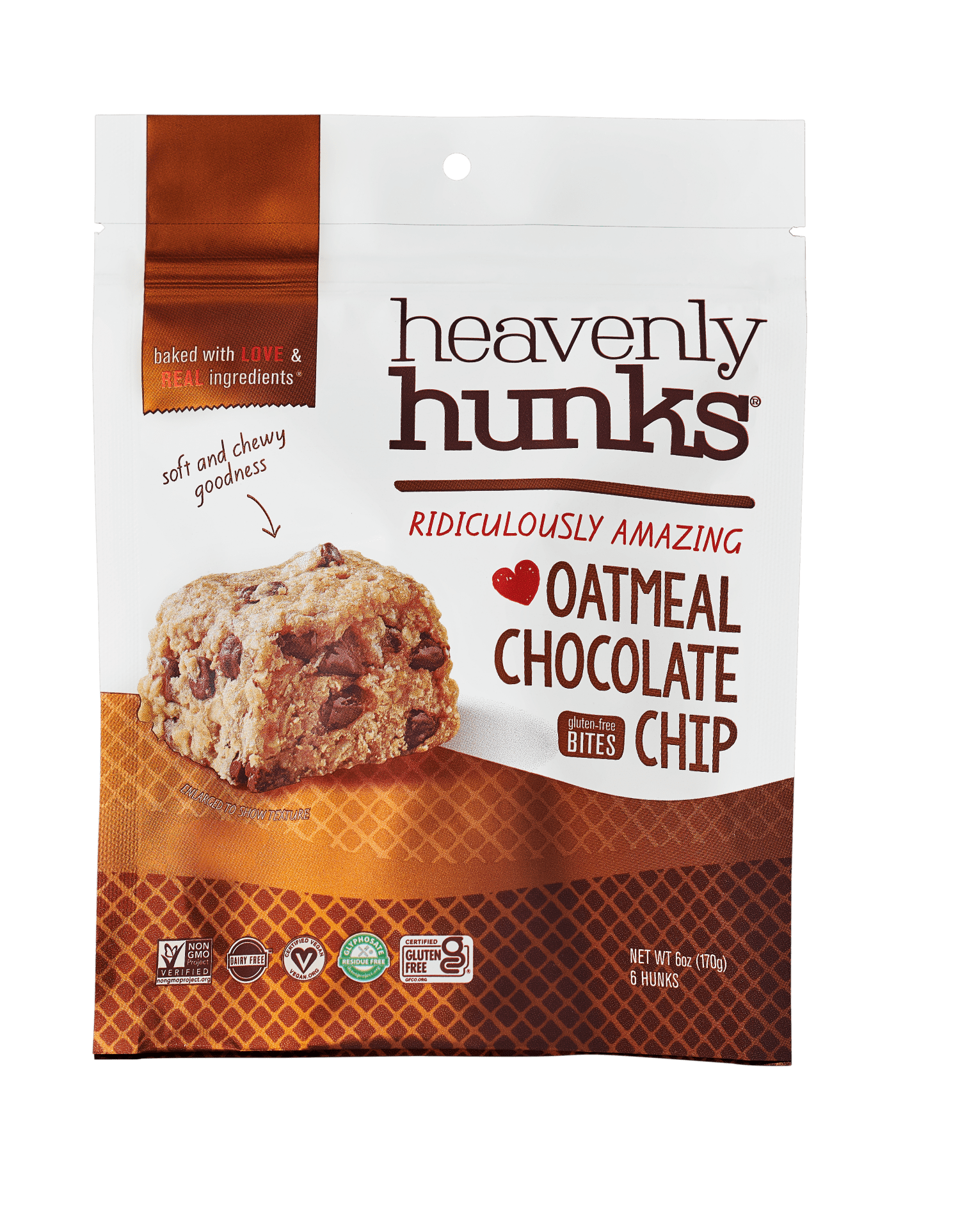 (6 pack) E & C's Snacks Heavenly Hunks, Gluten-Free, Vegan Baked Oatmeal Chocolate Chip Cookie, 6 oz, 6 Count