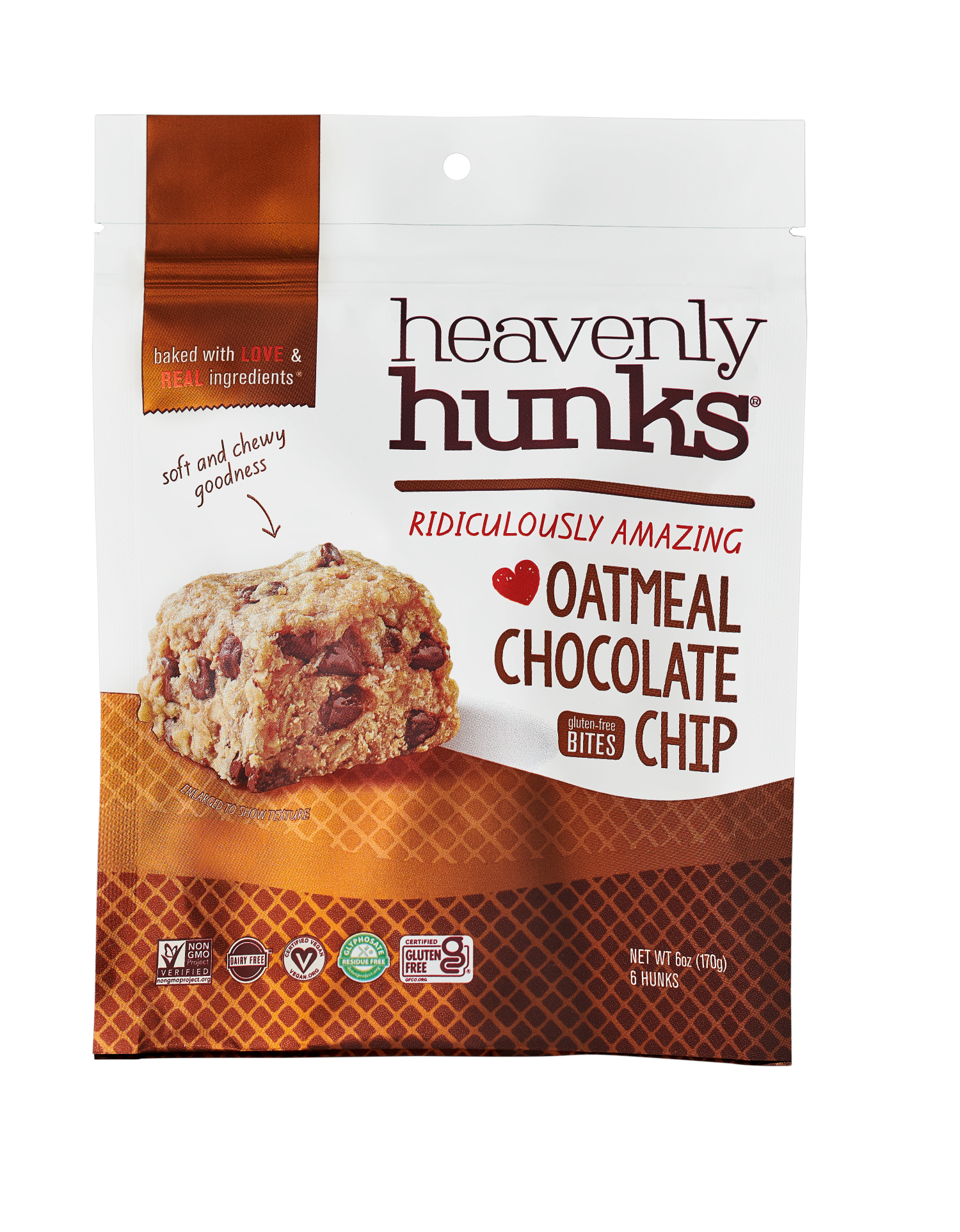 E & C's Snacks Heavenly Hunks, Gluten-Free, Vegan Baked Oatmeal Chocolate Chip Cookie, 6 oz, 6 Count