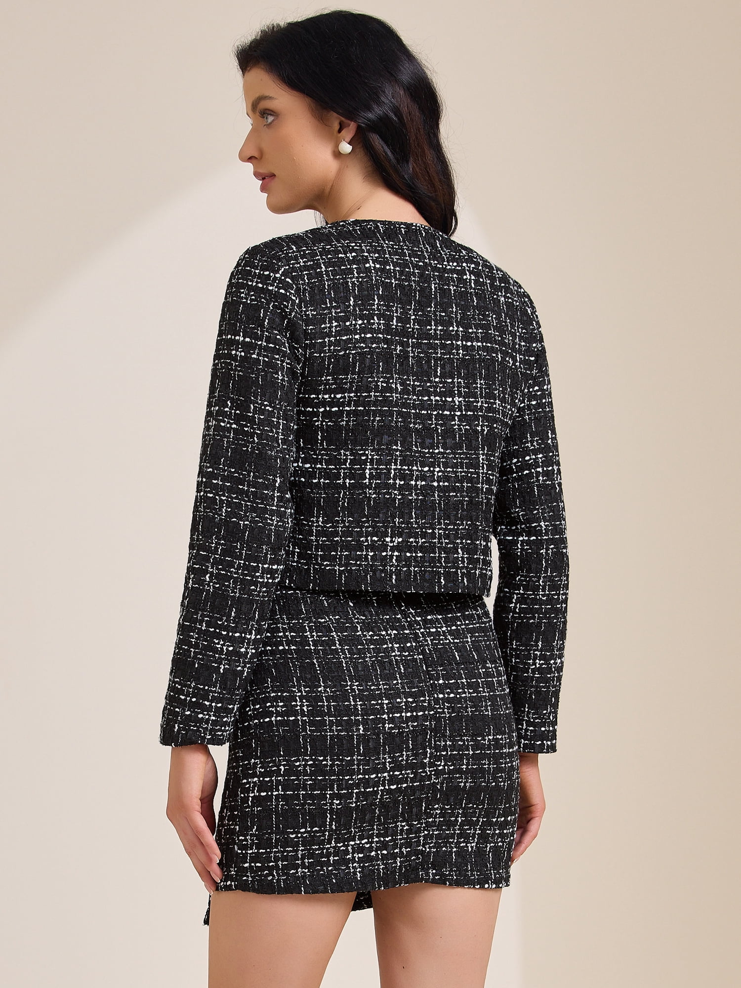 DARING DIVA Women's 2 Piece Tweed Blazers Button Down Jacket Mini Skirt Set L Black
