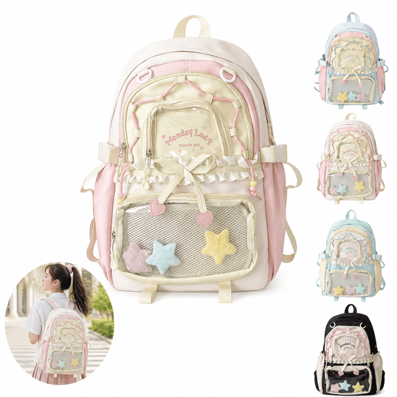 Ita Backpack with Clear Display Pockets Pink, Kawaii Y2K Aesthetic Daypack for Collectible Pins, Trendy Travel Gift for Teens