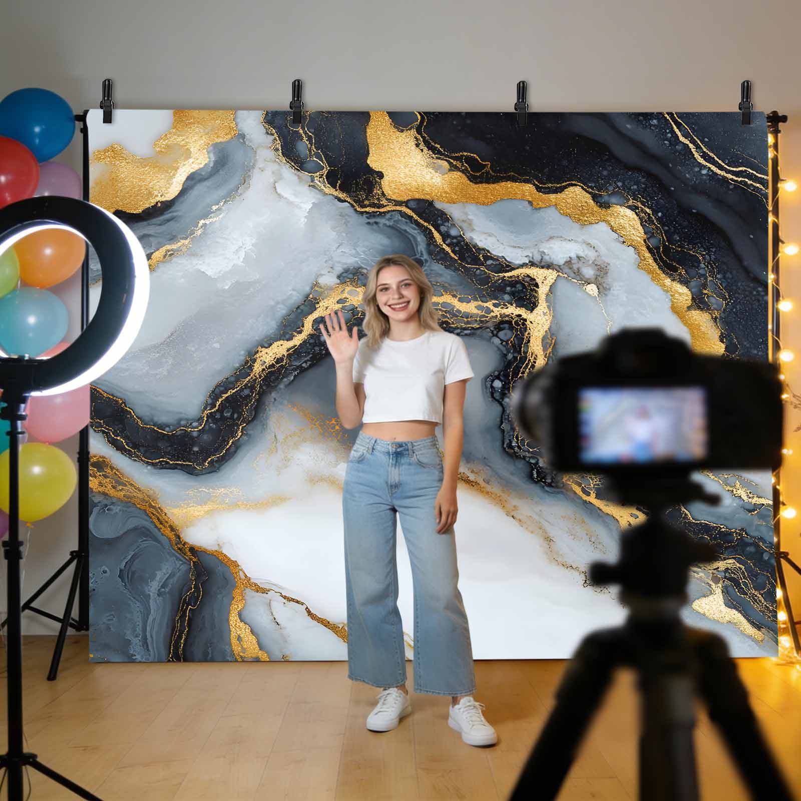 Black Golden Marble Backdrop for Photography,Fabric Photo Background Backdrop,Modern Ink Painted Aesthetics Photo Booth Background for Portrait Photoshoot Video Wedding Studio Decoration Banner 7x5ft