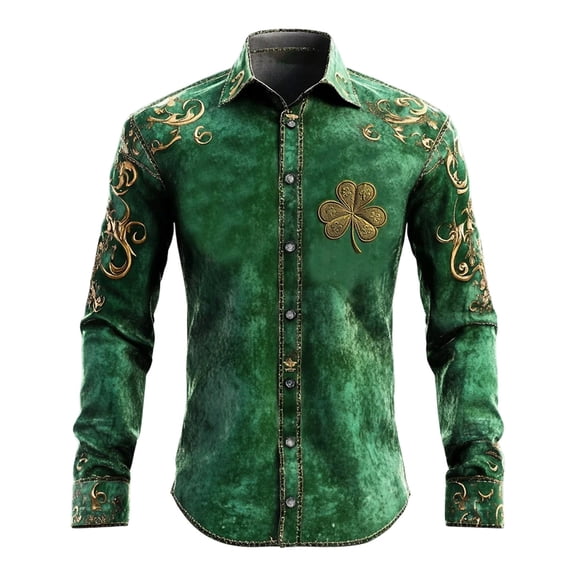 CONZONE St. Patrick's Day Mens Buttons Down Shirts Long Sleeve Shirts for Men Trendy Green Clover Graphic Lapel Soft Lightweight Tops