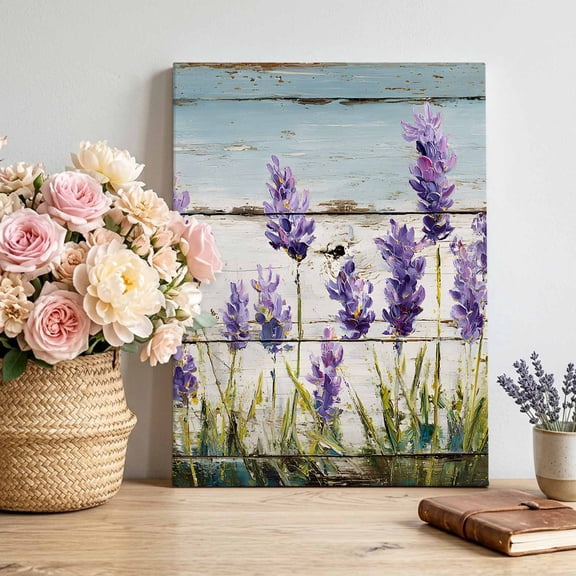 Canvas Wall Art Purple Lavender Canvas Art Print Country Vintage Rustic Flowers Leaf Wood Grain Pictures Wall Decor for Living Room Bedroom Artwork Decorations Stretched Framed Ready to Hang 8"x10"
