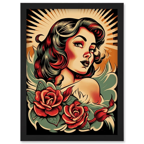 Pin Up Girl Roses Retro Tattoo Ink Body Art Rockabilly Americana 50s Artwork Framed Wall Art Print A4