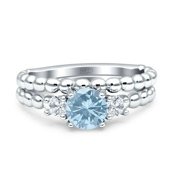 Three Stone Two Piece Women Wedding Ring Round Simulated Aquamarine 925 Sterling Silver
