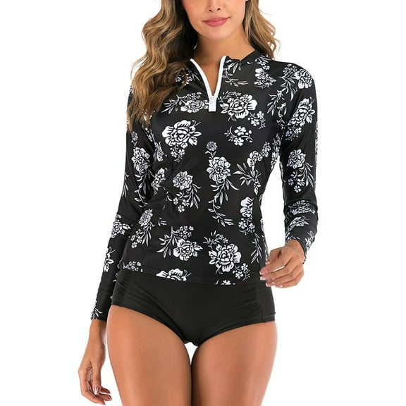 SWSMCLT Women's Long Sleeve Swimsuit High Neck Full Coverage Bathing Suit Zip Swimming Summer Mid Rise Rash Guard Black 4