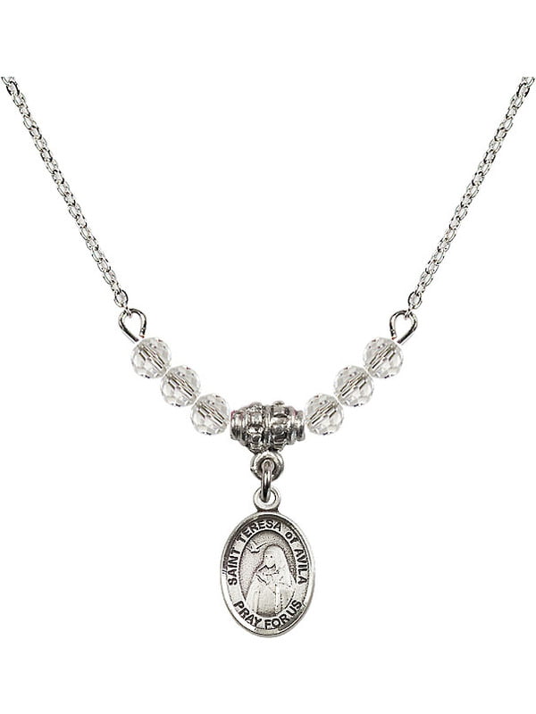 Bonyak Jewelry 18 Inch Rhodium Plated Necklace w/ 4mm Light Rose Pink October Birth Month Stone Beads and Saint Teresa of Avila Charm