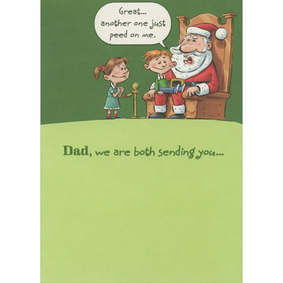 Designer Greetings Boy Peeing on Santa's Lap on Green Background Funny / Humorous Christmas Card for Dad