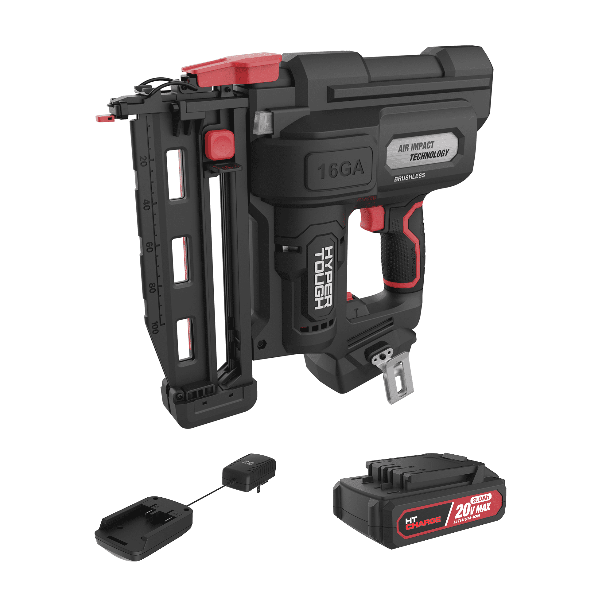 Hyper Tough 20V Cordless Brushless 16-Gauge Finish Nailer Kit with 2 Ah Lithium-Ion Battery and Charger