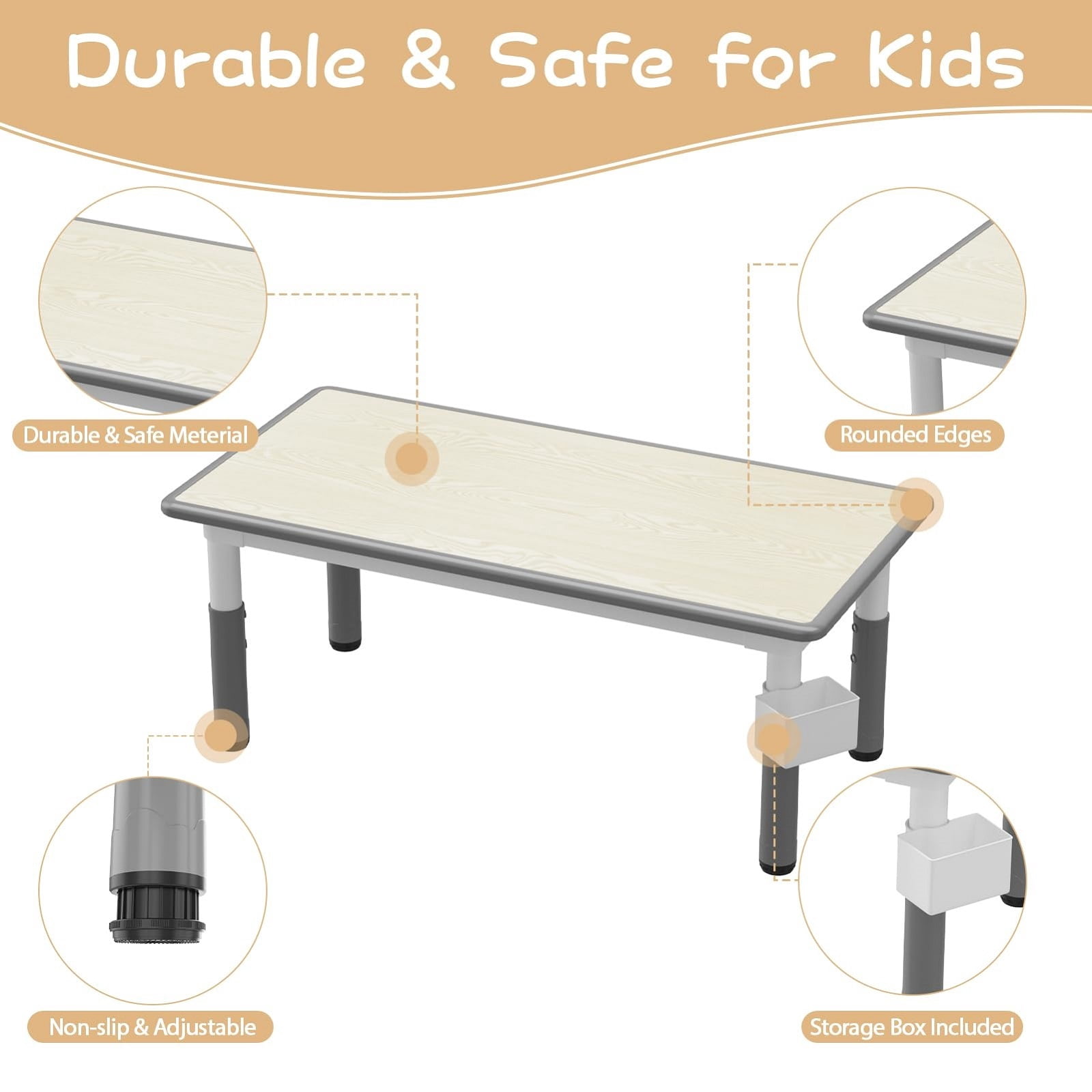 EuKer 7 Pcs Kids Table and Chairs, 47.2" x 23.6" Children Activity Table with Graffiti Desktop and Adjustable Height for Classroom, Daycare, Home, Gray