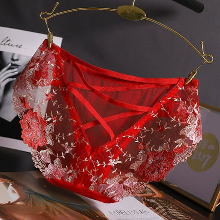 YWDJ Women Brief Panties Lace Lightweight No Show Low Waist Hollow Lace Mesh Sexy Underwear Briefs Red L