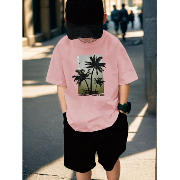 Camiseta con estampado de palmera tropical para niño - Cuello redondo informal, manga corta, estilo veraniego para uso diario, escuela, viajes y actividades al aire libre, rosa claro con estampado t