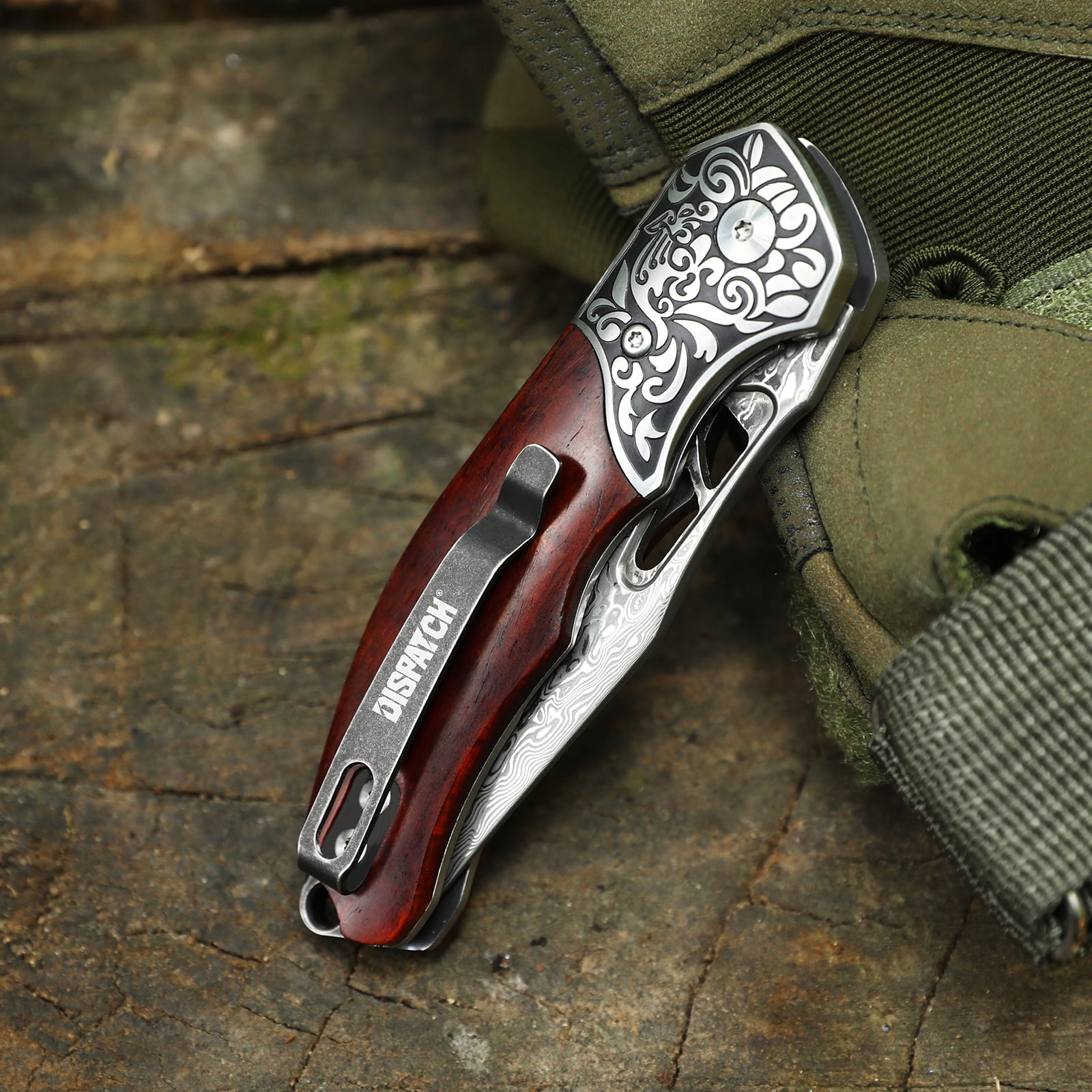 Dispatch Folding 4" Damascus Pocket Knife with Red Wood Handle