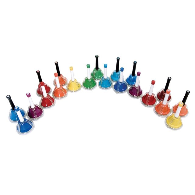 juego de campanas de mano y escritorio con banda rítmica de 20 notas, octava cromática conjunto semicircular de 20 campanas cromáticas con mangos negros y blancos sobre bases transparentes; colores ordenados de rojo a violeta y acabado brillante; se toca presionando el botón o con técnica tradicional, ideal para uso educativo y para niños pequeños, personas mayores o grupos con necesidades especiales; compatible con RB107, RB107C y RB107EX para ampliar la escala.